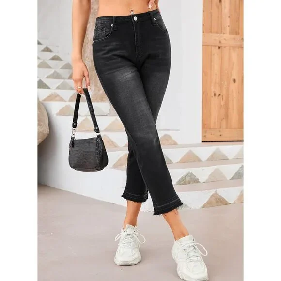 Women's High Waist Ankle Jeans Stretch Denim Casual Pants Black 6 - Picture 6 of 7
